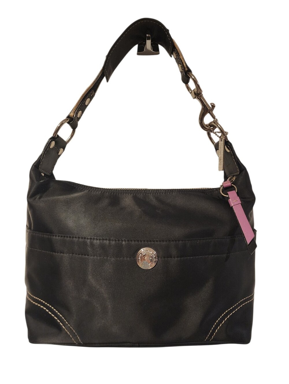 Coach Hampton Satin Hobo Shoulder Bag Black Leather Trim F11668